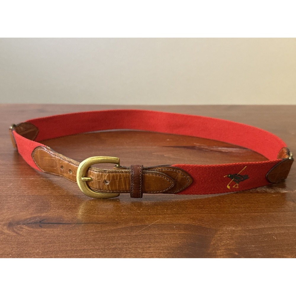 Faconable Classic Red Canvas Croc Embossed Leather Belt Sz 36" Embroidered Bird